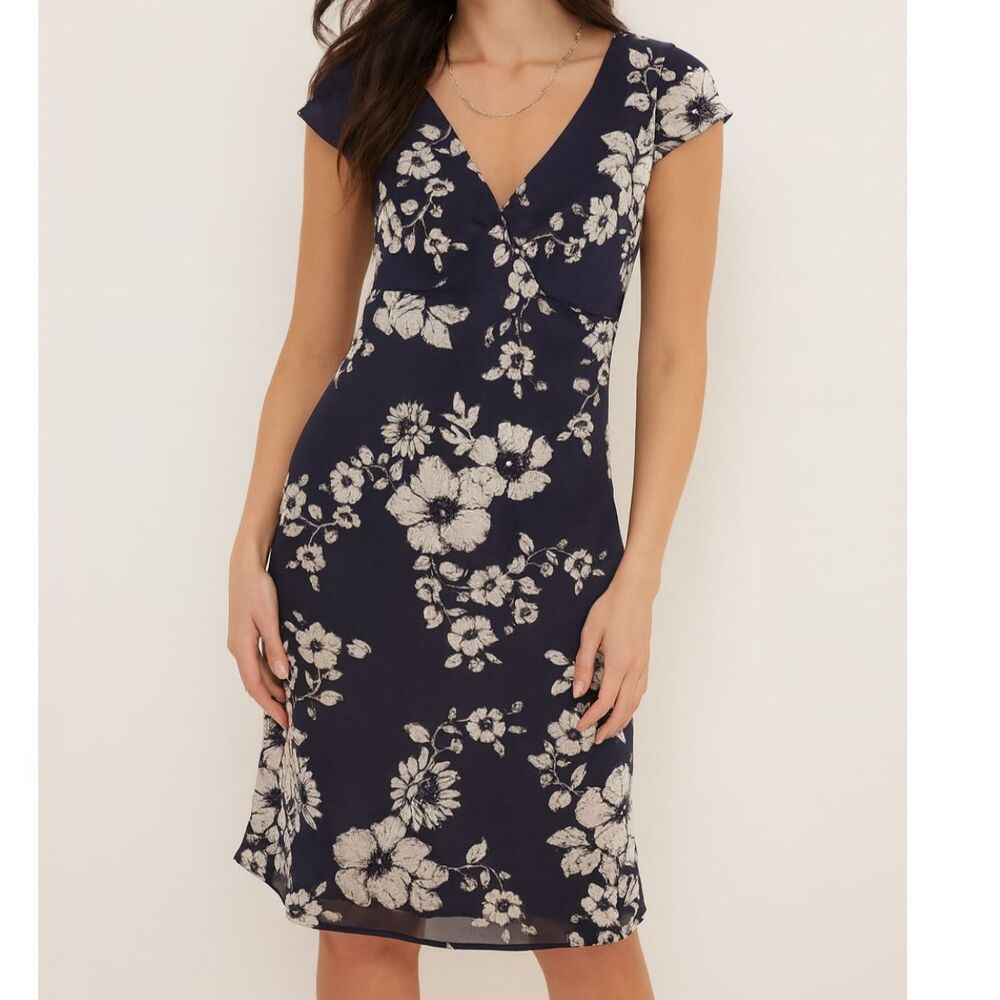 White House Black Market Silk Floral Midi Dress Black Ivory Size 4